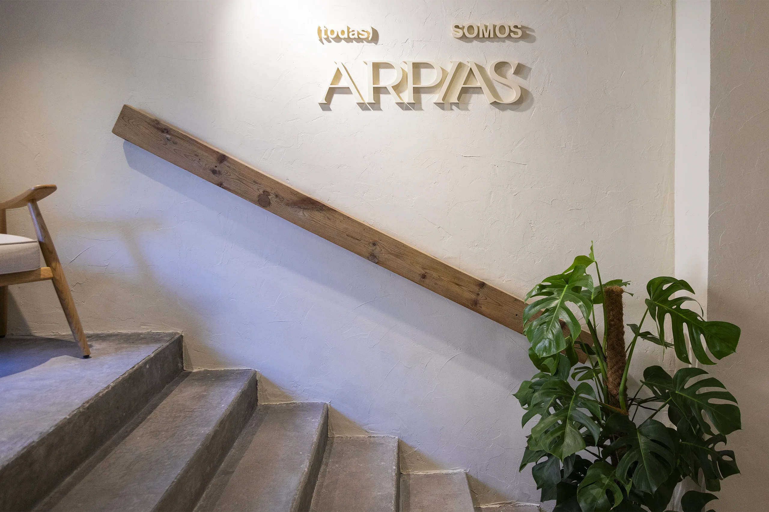 Escalera de acceso al salón Arpías en la calle Madrazo (Sant Gervasi, Barcelona) con peldaños de hormigón, rótulo "(todas) somos Arpías" y vegetación