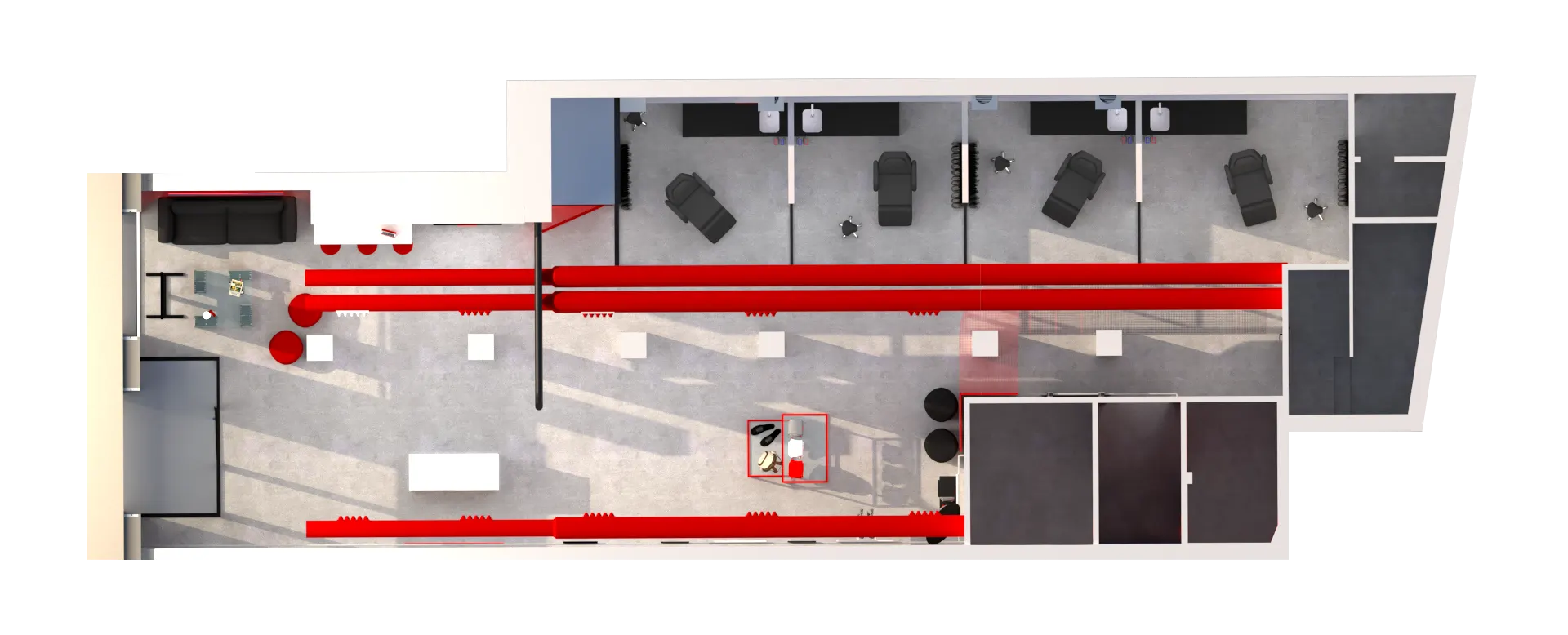 Vista cenital del plano general de Tattoox Club Barcelona, estudio de tatuajes diseñado por huuun, con zona de espera, mostrador central, pasillo lineal y cuatro cabinas privadas de tatuaje en la parte superior