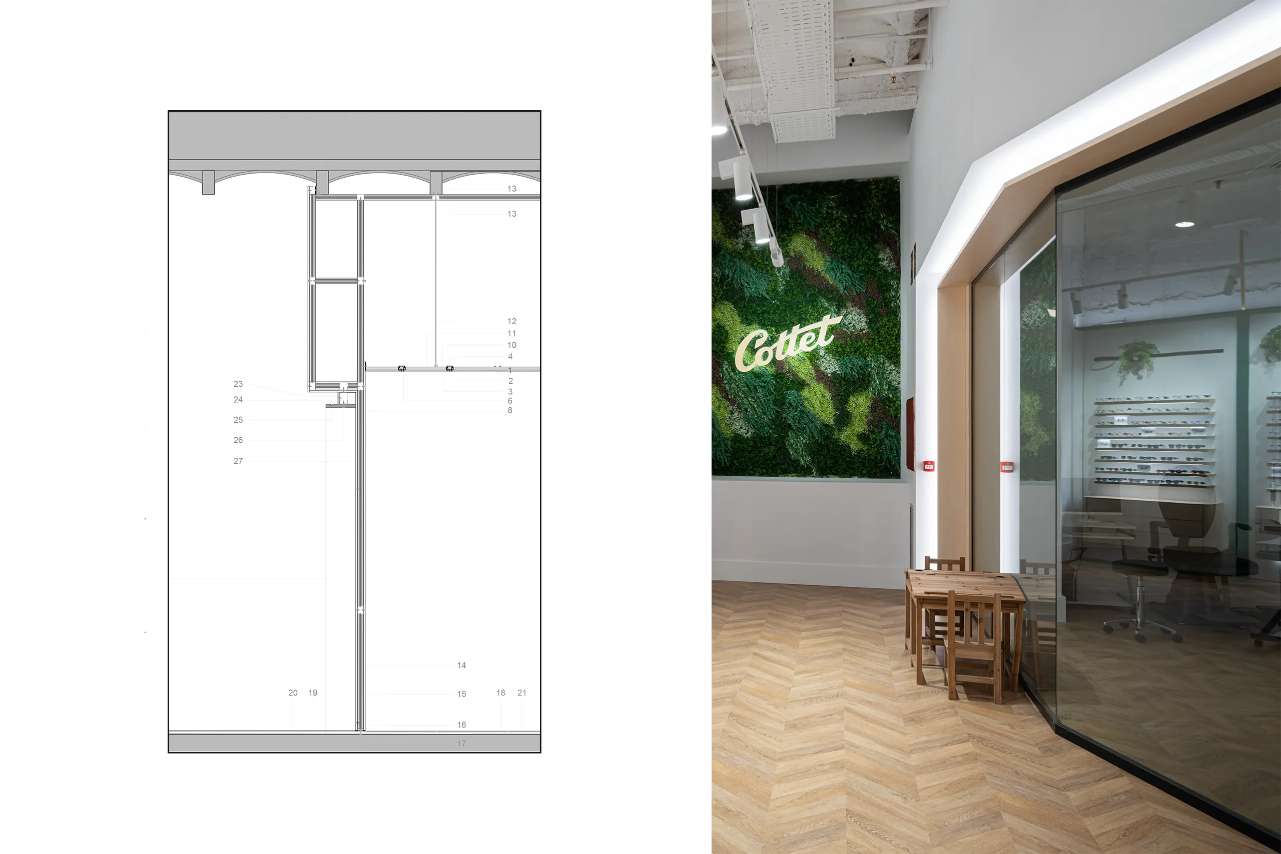 Sección constructiva acotada del gabinete acristalado Cottet junto a foto del jardín vertical con logotipo